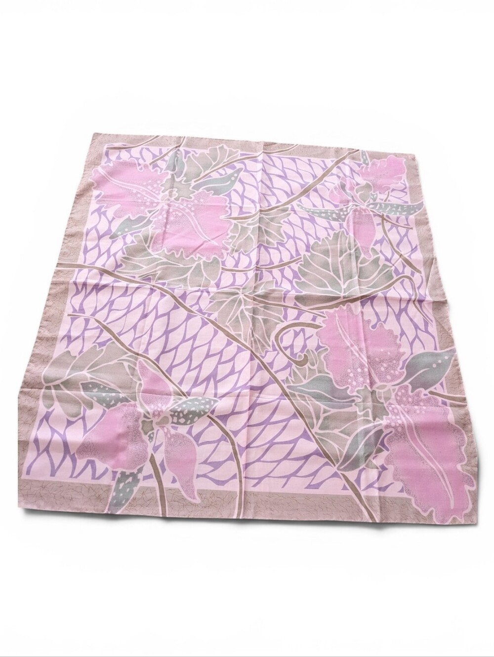 Vintage Thai Silk Scarf Pink‎ Floral Print Made in Thailand 36x34